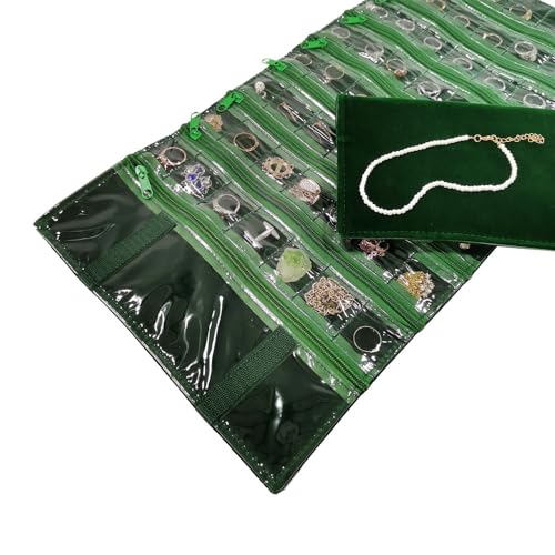 Travel Jewelry Roll Bag Portable Organizer Pouch With Grids&PVC Cover Storage Bags for Necklace (Blackish Green Velvet 56 Grids)