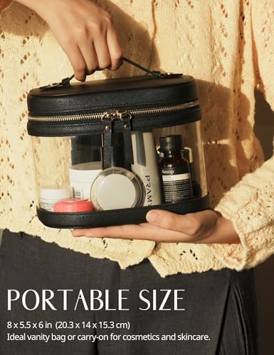 Travel Makeup Bag Clear Compact Make Up Vanity Case with Brush Storage and Top Handle (Black / Train Case)