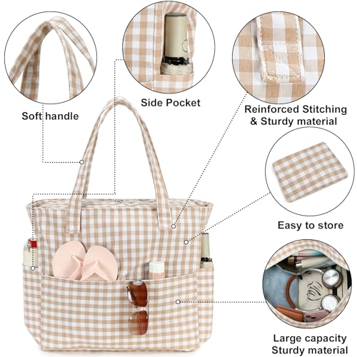 Beach Bags for Women (Brown White Checkered-1)