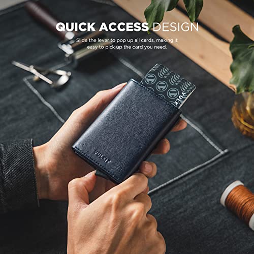Pop up Card Wallet Minimalist Cash Wallets RFID Blocking Leather Smart Credit Card Holder with ID window for Men (Navy)