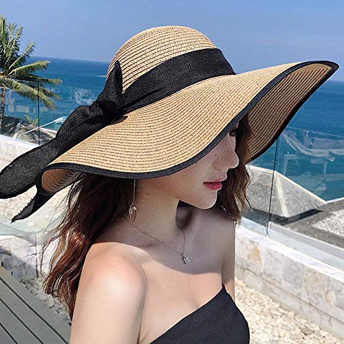 Womens Bowknot Straw Hat Foldable Beach Sun Hat Roll up UPF 54+ (Ac Khaki 5.9" Brim, 1 Pack)