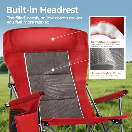 Heavy Duty 550LBS Padded Camping Chairs with Lumbar Support (Red / 1PC)