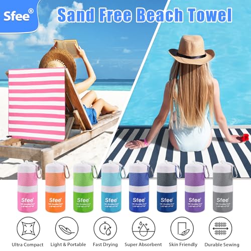 2 in 1 Microfiber Oversized Beach Towel (XL 72"x32"+24"x15" / Navy Blue Stripe)
