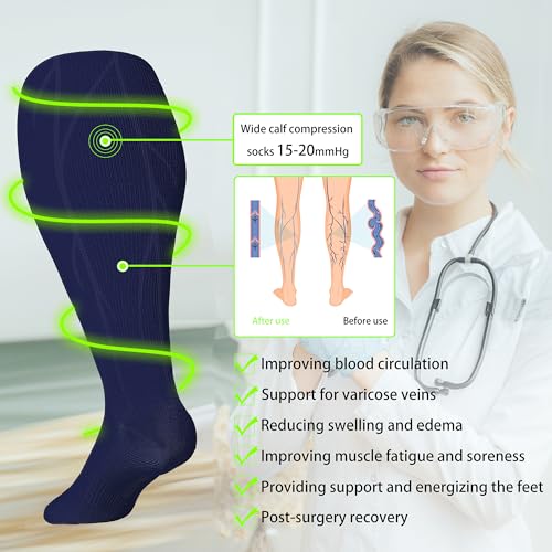 Plus Size Compression Socks for Women & Men Wide Calf 15 (XX-Large / 3 Pairs-black/Grey/Blue)