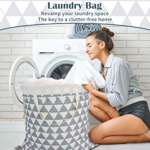 Canvas Laundry Bag with Handles & Drawstring 30"Wx35"H (Gray Triangle L+ / L+ 30"Wx 35"H┃1 Pack)
