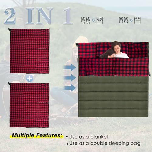 0 Degree Sleeping Bag Cotton Flannel Winter Cold Weather for Adults XXL Sleeping Bag 4 Season Big and Tall with Pillow Compression Sack (GREEN)