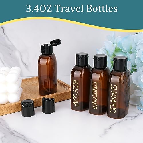 Travel Bottles for Toiletries 9PCS 3.4oz Plastic Squeeze Bottles (E-Brown)