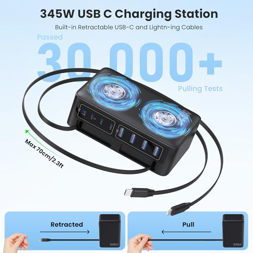 345W USB C Charger 10 in 1 Retractable Wall Charger with 2 Cables (Black / 345W)