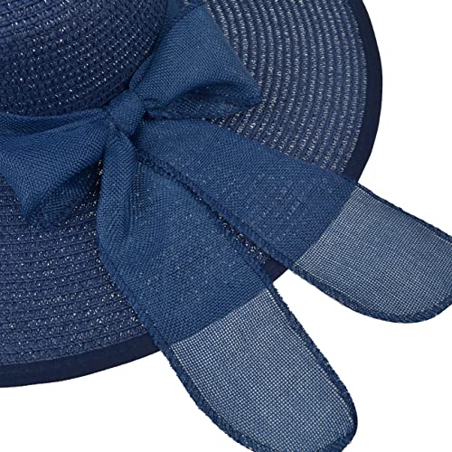 Women Wide Brim Bow Straw Hat Floppy Foldable Beach Sun Hat Roll up Cap UPF 50+ (Big Bow / Navy 5.9" Brim, 1 Pack)