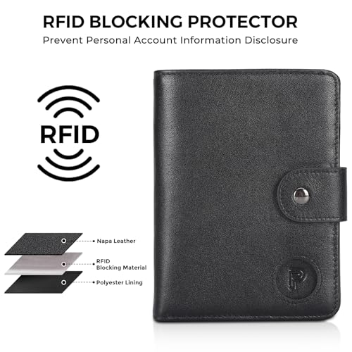 Polare Luxury RFID Blocking Leather Passport Holder Travel Wallet For Men and Women (Black with AirTag Slot(Snap Version))