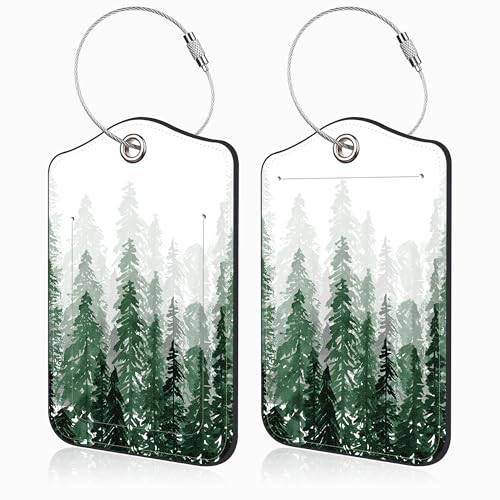 2 Pack Luggage Tags for Suitcases Watercolor Foggy Forest Leather Luggage Tags Privacy Cover ID Label with Stainless Steel Loop and Address Card for Women Men Travel Bag Backpack (Watercolor Foggy Forest)