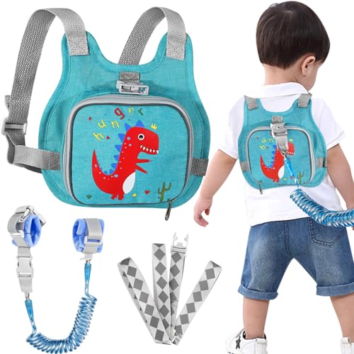 Toddler Harness Leash + Anti Lost Wrist Link (Lake Blue/Dinosaur)