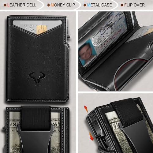 Men Slim Leather Wallet Metal Case Money Clip (Black2717)