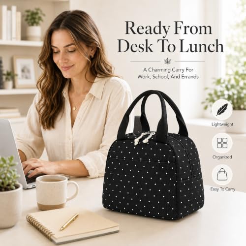 Lunch Bag for Women Men Cute Corduroy Lunch Tote Bags Reusable Insulated Lunch Box Large Capacity Reusable Insulated Cooler for Work Picnic or Travel (Black with White Dots / 10L)