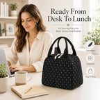 Lunch Bag for Women Men Cute Corduroy Lunch Tote Bags Reusable Insulated Lunch Box Large Capacity Reusable Insulated Cooler for Work Picnic or Travel (Black with White Dots / 10L)