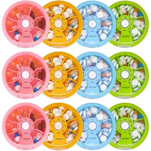 12PCS INVODA Weekly Pill Organizer 7 Compartment Rotating Daily Pill Box (12pcs)