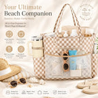Waterproof Beach Tote Pool Bags for Women Ladies Extra Large Carry On Bag With Wet Compartment for Weekender Travel (Dark Brown Checkered)