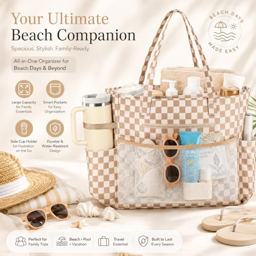 Waterproof Beach Tote Pool Bags for Women Ladies Extra Large Carry On Bag With Wet Compartment for Weekender Travel (Dark Brown Checkered)