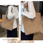 Straw Beach Bags for Women Straw Woven Beach Tote Bag Casual Boho Large Shoulder Handbags Purse for Vacation Holiday Picnic (E Khaki)
