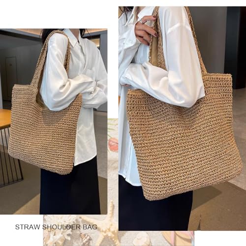 Straw Beach Bags for Women Straw Woven Beach Tote Bag Casual Boho Large Shoulder Handbags Purse for Vacation Holiday Picnic (E Khaki)