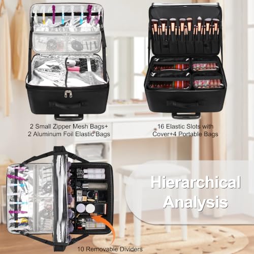 Extra Large Makeup Case Rolling Travel Train Case with 360° Spinner Wheels (Black with 4 Clear Bags / Extra Large)