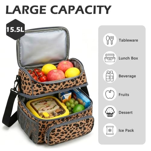 Double Layer Cooler Insulated Lunch Bag Adult Lunch Box Large Tote Bag for Men (Leopard)