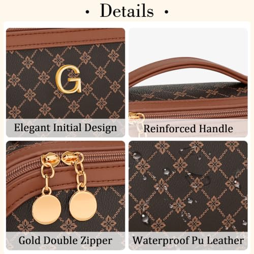 Initial Makeup Bag Personalized Gift for Women Teen Girls (Coffee / G)