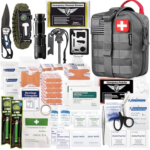 250 Pieces Survival First Aid Kit IFAK EMT Molle Pouch Survival Kit Outdoor Gear Emergency Kits Trauma Bag for Camping Boat Hunting Hiking Home Car Earthquake and Adventures (Wolf Grey)