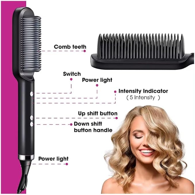 Professional Hair Straightener Comb, Beard Straightener Brush, Ceramic Plate Electric Hair Straightening Brush for Salon Results, Heating Hair Straightener, Heated Electric Comb (Black)