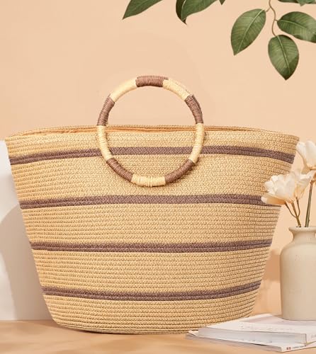 Beach Bags for Women Straw Tote Bag Summer Beach Bag Large Woven Straw Tote for Vacation Holiday (Brunette)