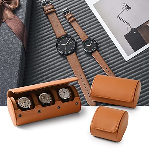 Brown Leather 2 Watch Roll Travel Case for Men (Brown / 2-Slot)