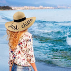 Big Straw Sun Hats for Women Floppy Foldable Roll up Beach Cap Sun Hat UPF 50+ Vacation Honeymoon Embroidered Hat (Ae Just Chillin: Khaki)