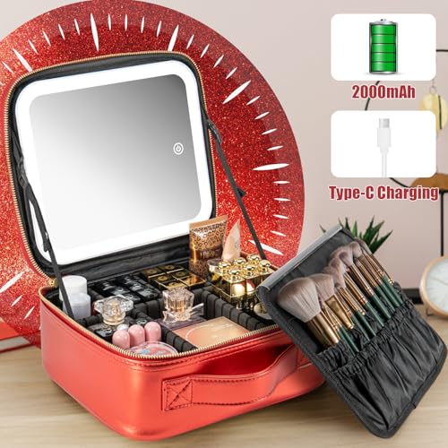 Makeup Travel Train Case with Mirror LED Light 3 Adjustable Brightness Large Cosmetic Bag Portable Storage Adjustable Partition Waterproof Brushes Make up Jewelry Gift for Women (Red)