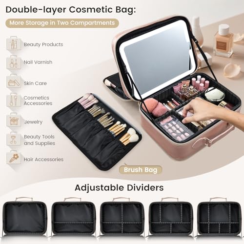 Makeup Bag with LED Lighted Mirror 12.2 IN Cosmetic Train Case Double Layer Makeup Case Adjustable Brightness in 3 Colors Cosmetic Organizer Artist Storage with Brush Holder Vanity Smoky Pink (12.2 Inch Smoky Pink / 0-Double Layer)