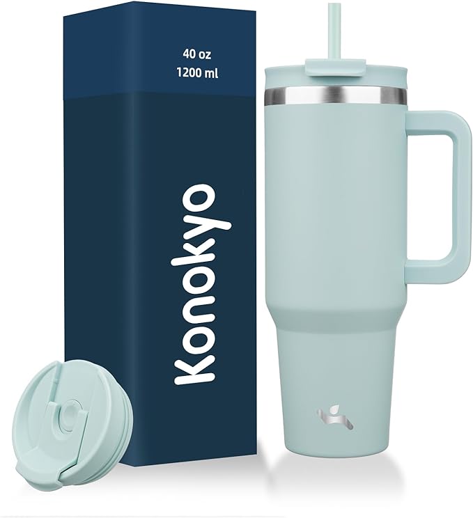 40 oz Tumbler with Handle and 2 Straws, 2 in 1 Lid Insulated Water Bottle by Konokyo