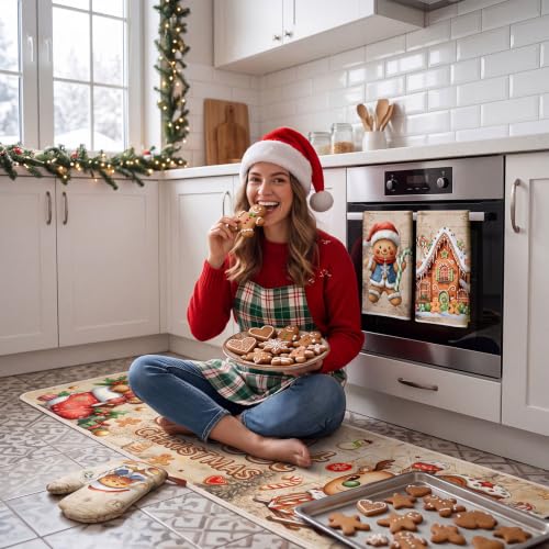10 Pcs Christmas Gingerbread Man Kitchen Decor and Accessories Set Kitchen Towels Pot Holders Oven Mitts and Rugs for Baking Cooking BBQ Mom Housewarming Gifts (Light Brown / Christmas Gingerbread Man)