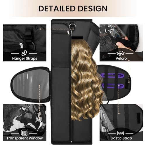 Wig Storage Bag Holds 3 Wigs Hair Tools Travel Bag Full (Black / 12.6*9.84*9.25inch)
