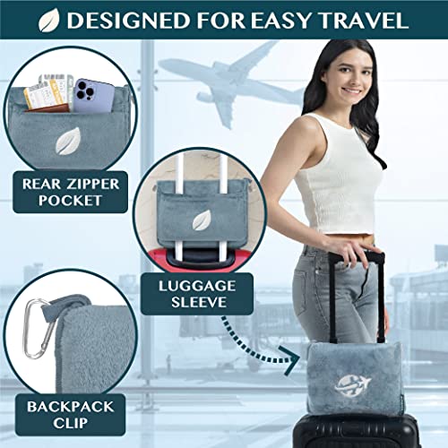 Compact 2-in-1 Travel Blanket Pillow for Airplane Flight, Blue (Dusty Blue / 65 x 40 inches)