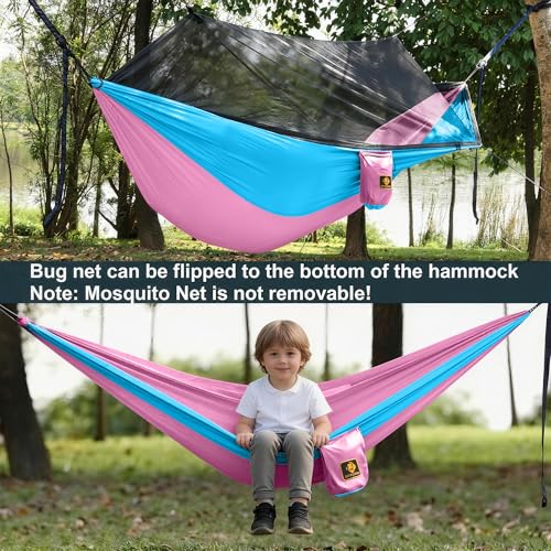 Camping Hammock with Mosquito Net (Pink & Blue / Small)