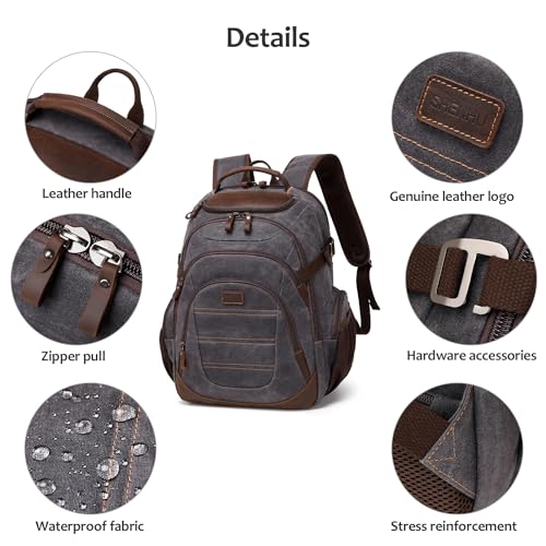 Travel Laptop Backpack 17.3 inch XL Computer Backpack for Men Waxed Canvas College Daypack Business Backpack Black Gray (Black Gray)