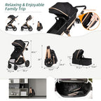 6-in-1 Convertible Baby Stroller with Bassinet Pushchair - Folding Infant Newborn Stroller w/Footmuff, Rain Cover, Cup Holder & Large Storage, Toddler w/All-Scene Large Wheels, Reversible Seat(Black) (Midnight Black)