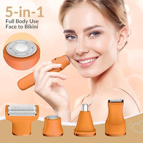 5-in-1 Electric Bikini Trimmer for Women – IPX7 Waterproof Shaver, Cordless Body & Facial Razors for Women, Ceramic Blades, USB-C Rechargeable, Painless Hair Removal Kit (Pure Orange) (Pure Orange)