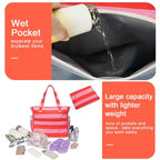 Waterproof Beach Tote Pool Bags for Women Ladies Extra Large Gym Tote Carry On Bag With Wet Compartment for Weekender Travel (Rose Pink Stripe)