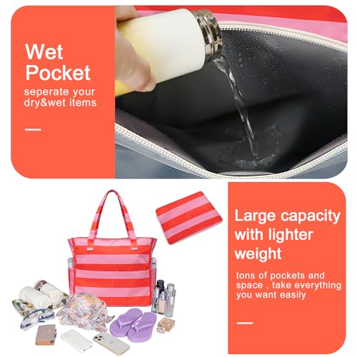 Waterproof Beach Tote Pool Bags for Women Ladies Extra Large Gym Tote Carry On Bag With Wet Compartment for Weekender Travel (Rose Pink Stripe)