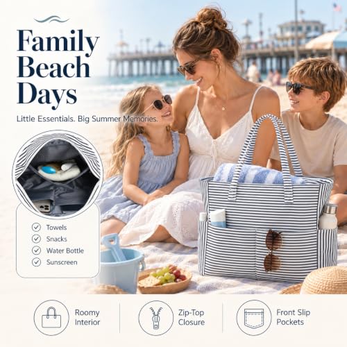 Waterproof Beach Tote Pool Bags for Women Ladies Extra Large Carry On Bag With Wet Compartment for Weekender Travel (Purple & White Micro Stripes)