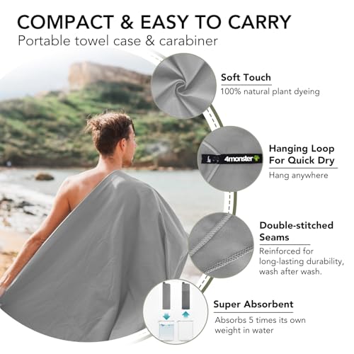 Quick Dry Travel Towel with Case & Carabiner (Gray / 47.00" x 23.60")