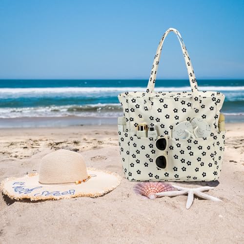 Waterproof Beach Tote Pool Bags for Women Ladies Extra Large Gym Tote Carry On Bag With Wet Compartment for Weekender Travel (Black Little Flower 95)