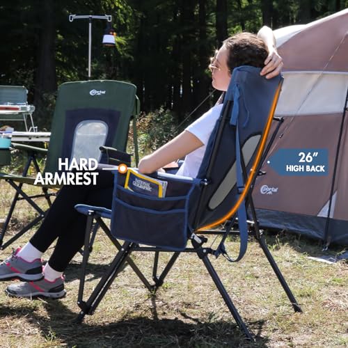 Oversized Folding High Back Portable Lawn Chairs for Adults Outdoor Camp Sports Hunting Fishing Backyard with Hard Armrest Cup Holder Carrying Strap (Blue / Mesh back)