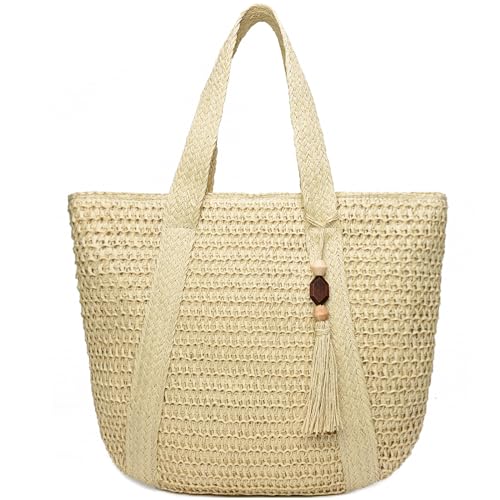 Straw Beach Bags for Women Summer Tote Bag Boho Shoulder Purse (D Beige)