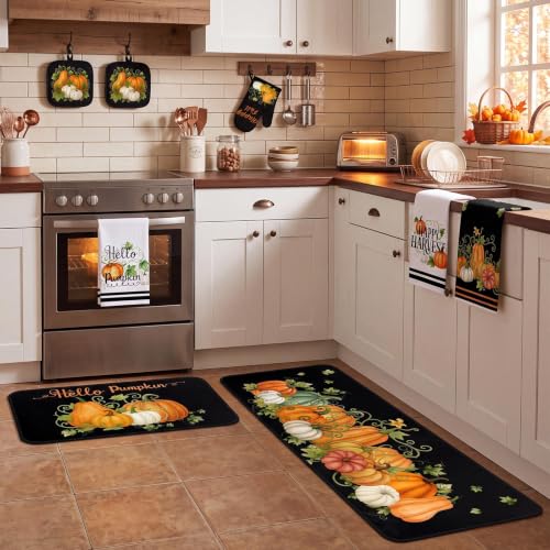 10 Pcs Fall Pumpkin Kitchen Decor Set Black Kitchen Rugs Set (Green, Black / Fresh)